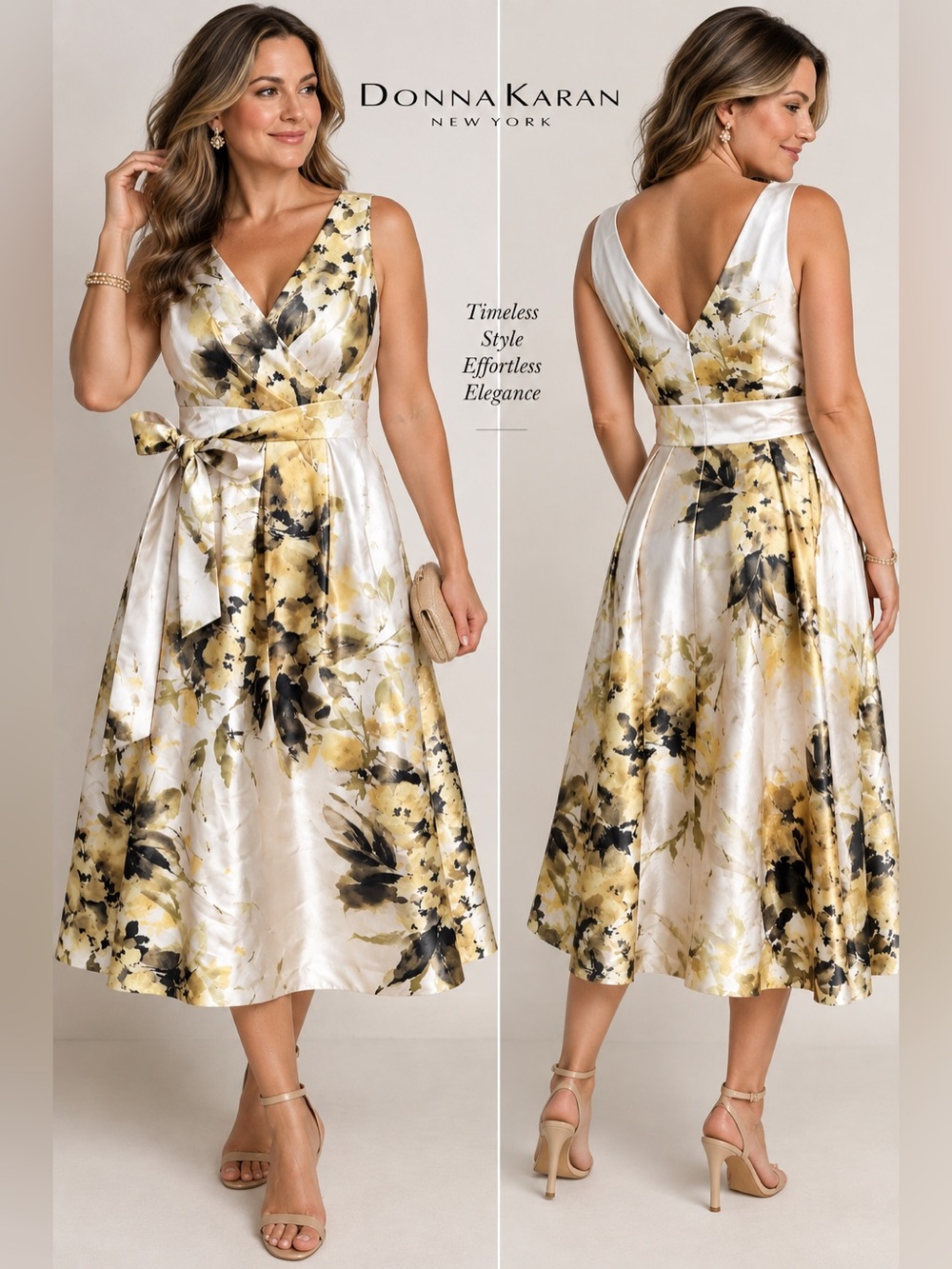 Donna Karan New York Floral Satin Wrap Midi Dress Ivory Gold NWT